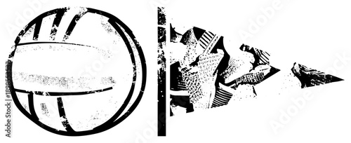 Retro styled volleyball with textured, paired with fragmented athletic motion shapes, halftone, and dynamic vector art for sports branding or use.