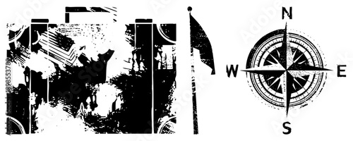 Weathered compass rose and flagpole graphic, distressed black and white vector, nautical navigation symbol, directional marker, adventure, travel emblem.