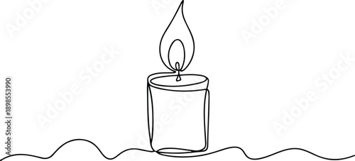 A minimalist continuous line drawing of a lit candle on a white background.