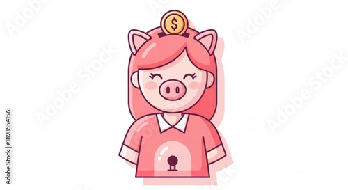 Cute cartoon pig girl with pink hair smiling and saving money