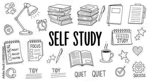 Hand-drawn doodles representing self-study, focus, and success in education