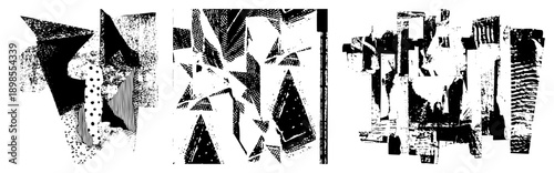 Fragmented geometric shapes with halftone textures, abstract composition, vector graphic, black and white, stylized forms, graphic design element, digital art piece.