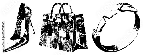 Fashion footwear, retail bag, eco symbol, black and white stencil, urban grit, graphic design,, sustainability motif.