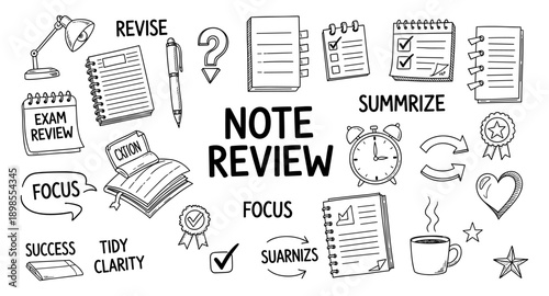 Hand-drawn doodles illustrating note-taking, revision, and study concepts for learning