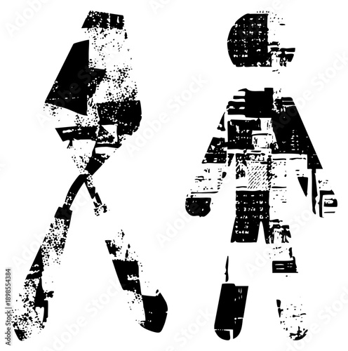 Abstract hockey athletes in action poses, graphic sports figures, vector cutouts, distressed halftone style, ice rink athletes, stylized goalie and forward.