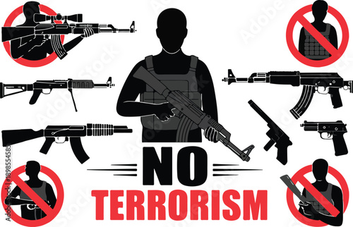 A graphic design illustration with a white background featuring anti-terrorism and gun control messaging.