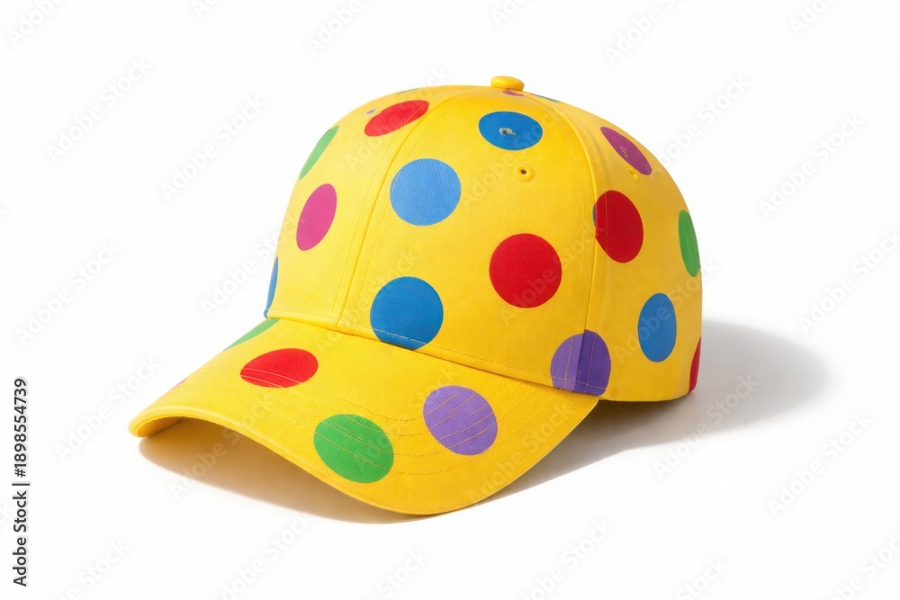 Fototapeta premium Cheerful yellow baseball cap covered in diverse colored polka dots, festive design