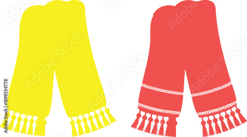 The left scarf is bright red with vertical ribbed texture and features a white patterned border with red circular beads and gray tassels.