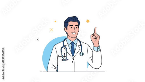 Young male doctor in a white lab coat with a stethoscope around his neck smiling and pointing his finger up as if giving advice or an idea.