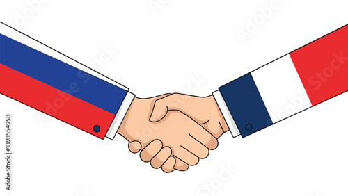 Close up of a handshake between two people in suits representing the nations of Russia and France against a plain white background.