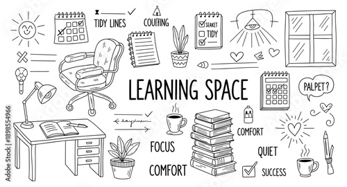 Doodle illustration of a learning space with desk, chair, books, and calendar elements