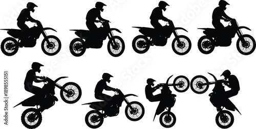Black and white motocross rider silhouette set, dirt bike stunt action illustration, extreme sports motorcycle jump wheelie vector design collection
