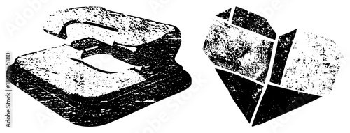 Black and white vector featuring a classic punch press and a fragmented diamond, both rendered with halftone texture and gritty grain, ideal for retro or industrial design projects.