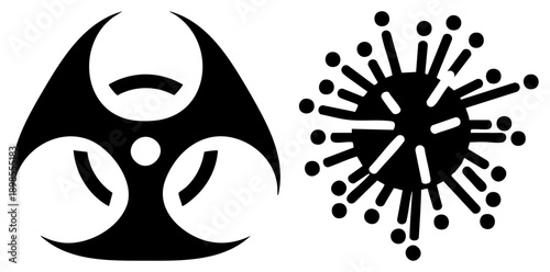 Hazard warning symbol and virus, medical safety signs, biological threat graphics, health risk indicators, public safety symbols, infection warning, pathogen representation.
