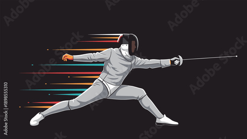 Professional fencer in a protective suit performing a lunge with an epee against a dark background with colorful motion lines.