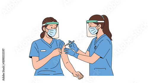 Female healthcare worker in blue scrubs and protective face shield administers a vaccine dose to a colleague in a hospital setting for safety.