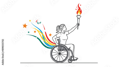 Female athlete in a wheelchair holds a flaming torch aloft with colorful stars and streaks representing the spirit of the Paralympic Games.