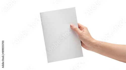 Female hand holding blank white paper booklet, brochure, or magazine mockup template isolated PNG with Transparent Background