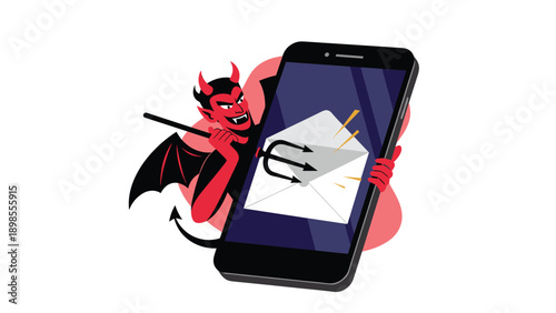 Devil figure holding a pitchfork standing behind a large smartphone with an open email envelope representing spam or online scams.
