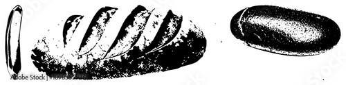 Vector halftone bread loaf, sliced artisan bread, rustic bakery loaf, grainy texture, black and white illustration, food graphic design.