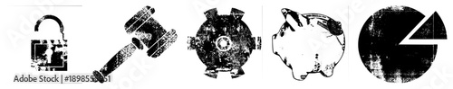 Distressed black padlock, gavel, engine, piggy bank, pie chart. vector symbols with gritty texture. Financial, legal, mechanical, savings, data visualization.