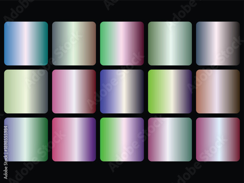 A vibrant collection of holographic gradient color swatches arranged in a grid pattern