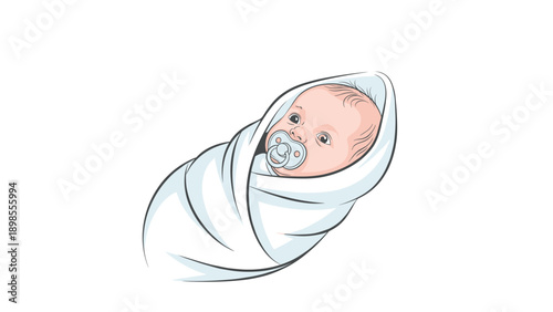 Close up of a peaceful newborn baby wrapped in a soft white blanket with a pacifier in its mouth on a clean white background.