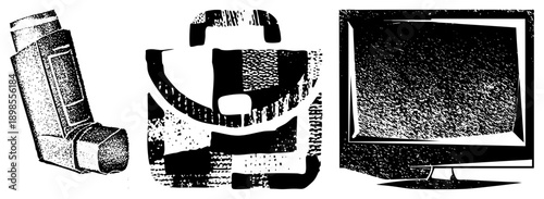 Retro TV with static screen, asthma inhaler device, abstract geometric glyph, halftone texture, vector illustration, medical tech, digital.