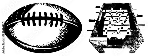 Stylized American football with laces and foosball table with players, vector, sports equipment, game design, black and white illustration.