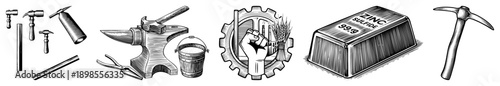 Forge hammer, anvil, tongs, bucket, pickaxe, zinc sulfide ingot, raised fist emblem, industrial worker, metalworking symbols, mining tools.