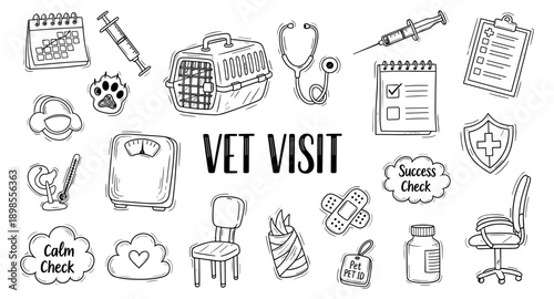 Veterinary clinic icons for pet health and wellness, a doodle collection