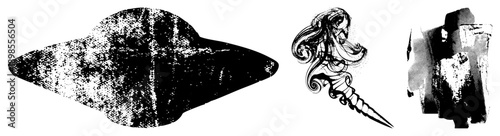 Retro flying saucer, decorative dagger with swirls, textured abstract sculpture all vector art with halftone grain, isolated foreground elements.