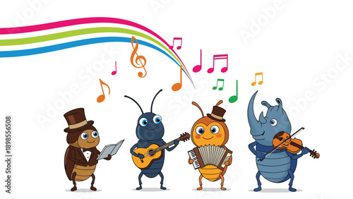 Group of cartoon insects playing music instruments like guitar, accordion, and violin under a colorful rainbow and musical notes.