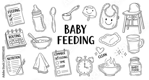 Baby feeding essentials and schedule icons in a doodle art style