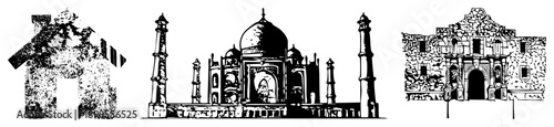 Taj Mahal, Alamo, and abstract house silhouette depicted as high contrast vector silhouettes, architectural, heritage, travel destinations, cultural symbols.