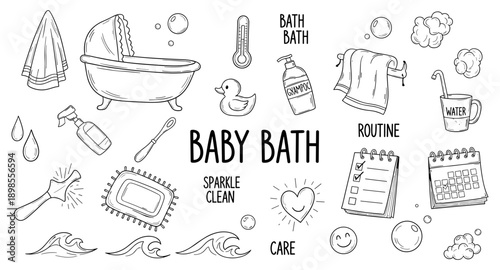Cute hand-drawn baby bath time essentials and routine elements collection