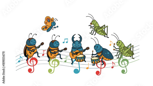 Collection of cute insects including beetles, crickets, and a butterfly playing guitars, drums, and singing on musical staves.
