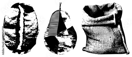 Black & white halftone vector of coffee bean, cherry, burlap sack perfect for coffee branding, packaging, café design. Covers roasted bean, coffee fruit, harvest, agriculture.