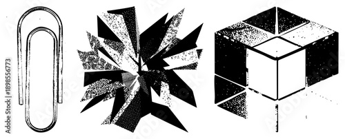 Vector graphic featuring paperclip, starburst halftone design, and isometric cube with textured facets minimalist black and white art, graphic design elements, stylized forms.