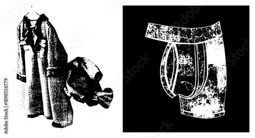 Retro halftone print of robe and briefs, vintage fashion, textile design, graphic, stylized apparel, isolated garment set, vector cutout.