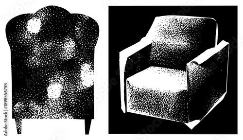 Classic upholstered armchair with tufted back, halftone shading, retro graphic style, vector cutout, isolated furniture design, black and white dot.