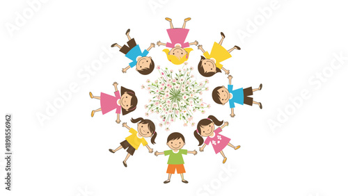 Group of young children lying in a circle with their heads towards a central bouquet of flowers on a clean white background for unity.