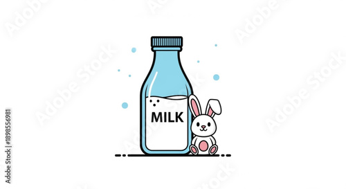 Cute cartoon bunny holding milk bottle with cap healthy drink concept with white background and blue bubbles