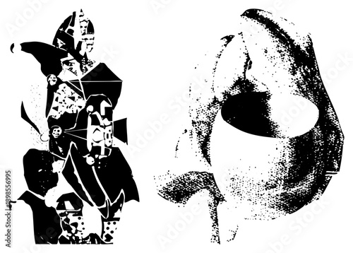 Stylized warrior figure in fragmented armor, halftone texture mask, graphic art, vector illustration, black and white design, bold, geometric shapes.
