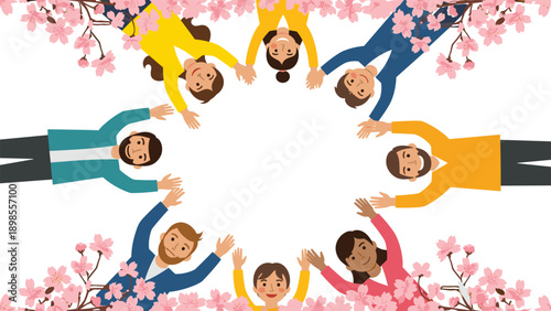 Group of diverse men and women lying in a circle with their hands up surrounded by pink cherry blossoms on a clean white background.