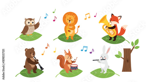 Group of forest animals like owl, lion, fox, bear, squirrel, and rabbit playing different musical instruments while standing on green leaves.