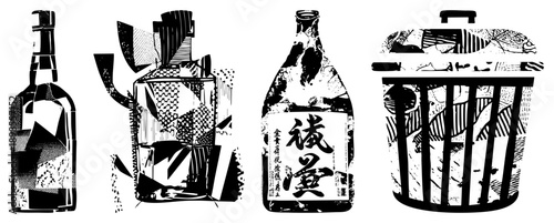 Japanese sake bottle with kanji label, traditional teapot with lid, trash can with vertical slats, all rendered in high contrast halftone vector style.