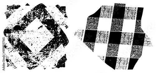 Abstract black and white geometric shapes with distressed texture, halftone noise, fragmented forms, graphic design elements, vector art, isolated foreground.