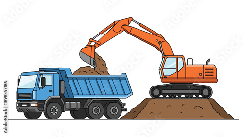 Orange hydraulic excavator loading soil into a large blue dump truck at a construction site for building or infrastructure development.