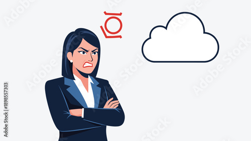 Angry businesswoman in dark suit stands with arms crossed next to empty speech bubble cloud against light gray background.